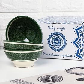 image for offer named Набор салатников Риштанская керамика "Узоры", 15 см, 3 шт, в подарочной упаковке, зелёные